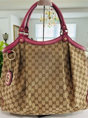 Gucci Sukey Brown GG Canvas Tote Bag with Pink Leather Trim